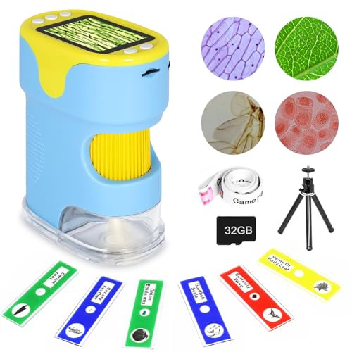 Handhållet digitalt mikroskop för barn med 2 tum HD-skärm, 200 ~ 1 000 x fickmikroskop, startpaket med 6 slumpmässiga provbilder och 32 G SD-kort ingår, pedagogisk gåva för barn i åldern 6+