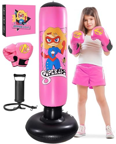 Esnowlee Boxsack für Kinder, Kinder-Boxset mit Boxhandschuhen, 168cm großer aufblasbarer Boxsack, Geschenk für Jungen & Mädchen im Alter von 3-12 Jahren zum Üben von Karate und Taekwondo (Pink)