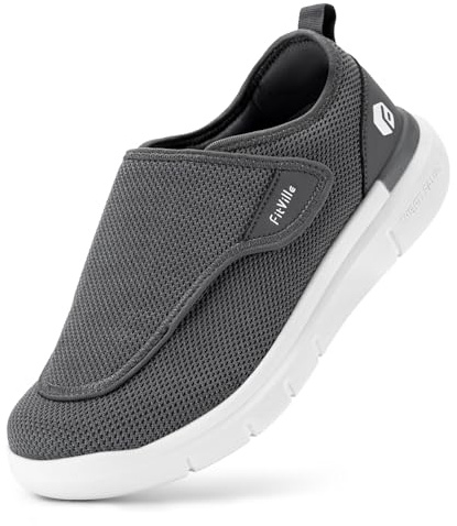 FitVille Diabetic Shoes for Men Extra Wide Slip-on Shoes for Swollen Feet Adjustable Walking Shoes for Elderly Foot Pain Relief Neuropathy - EasyTop Wings Deep Gray