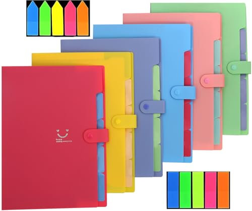 Fächermappe A4, 6 Stück Dokumentenmappe A4 Tragbar Ordnungsmappe mit 5 Fächern Ordner Organizer mit 2 Stück Haftnotizen, Grosse Kapazität Aktenordner für Büro, Zuhause, Schule, Reisen