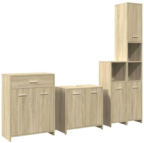 vidaXL 4-TLG. Badmöbel-Set Sonoma-Eiche Holzwerkstoff, Badmöbelset, Badezimmerschrank, Badezimmer Hochschrank, Badmöbel, Badezimmer Unterschrank