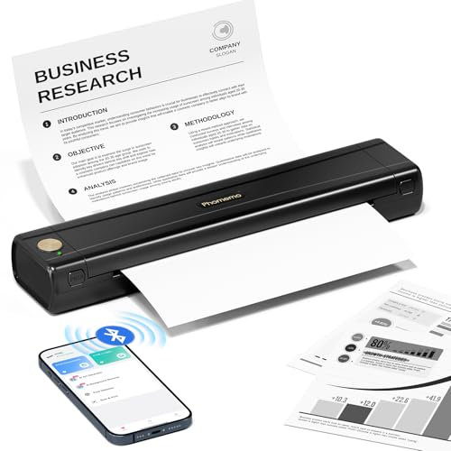 Phomemo M08E Mobiler Drucker A4 für Unterwegs - Tragbarer Thermodrucker A4 Kabelloser Bluetooth Drucker - Drucker Ohne Tinte für iOS, Android, Büro, Haus, Auto, Schule, Wohnheim, Schwarzes
