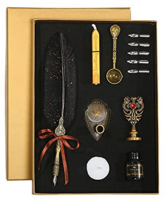 YIWEOG Vintage Federstift und Tinte Set Glitzernder Federkiel Füllfederhalter Kalligraphie Dip Pen Schreiben Unterschrift Stift mit Ersatzspitzen Stifthalter Luxus Geburtstagsgeschenk für Kinder
