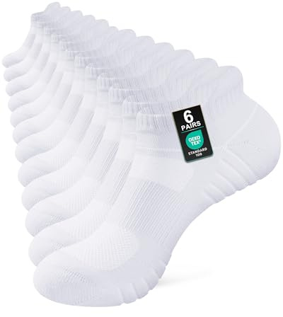 Niorasen Mens Running Socks 6 Pairs, Cushioned Ankle Trainer Socks for Men Women, Breathable Cotton Sports Sock, Anti-Blister Athletic Short Low Cut Sock White 9-11