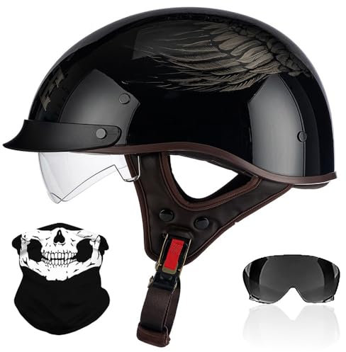 RHBDDHV Retro Motorrad Halbhelme, Motorradhelm mit ECE Zertifiziert, Vintage Deutscher Stil Jethelm mit Visier, Halbschalenhelm Damen und Herren, für Biker Chopper Cruiser Roller Scooter