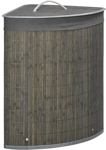 HOMCOM Bambus Wäschekorb mit Deckel 55L Wäschesammler mit Griffen, herausnehmbarer Wäschesack, Eck Wäschetonne Laundry Baskets für Waschküche Badezimmer Schlafzimmer Grau