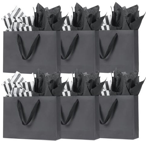 Large Gift Bags, 6 Pack, 12, Black Paper Bags with Tissue Paper