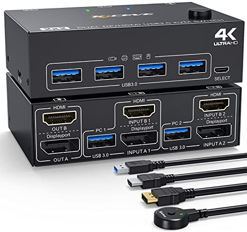 4K@60 Hz KVM-switch 2 PC 2 bildskärmar DP HDMI KVM-omkopplare för 2 datorer med 2 bildskärmar och 4 USB 3.0-portar, med en HDMI + DP+USB-kabel och kabelansluten fjärrkontroll
