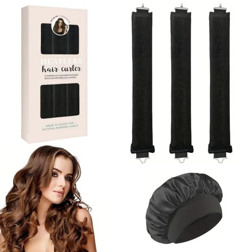 EUZUXU 3 Stück Heatless Curls Band + 1 Stück Schlafmütze, Hitzefreie Lockenwickler, Overnight Blowout Locken Ohne Hitze, für Alle Haartypen-Schwarz