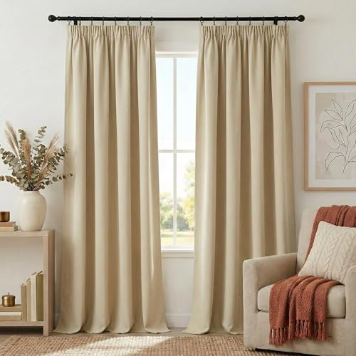 PONY DANCE 100% Blackout Thermal Insulated Curtains, 52x90, Biscotti Beige | Pencil Pleat Rod Pocket Curtains for Bedroom and Living Room, 2 Panels, Noise Reduction, Light Blocking & Privacy Drapes