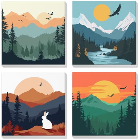 DAERLE 4 Pack Pintar por Numeros Niños Adultos con Marco, Paisaje natural, puesta de sol, DIY Cuadros para Pintar por Números, Paisaje montañoso, Pintura Acrilica Cuadro Artesanías de Arte, 20x20cm