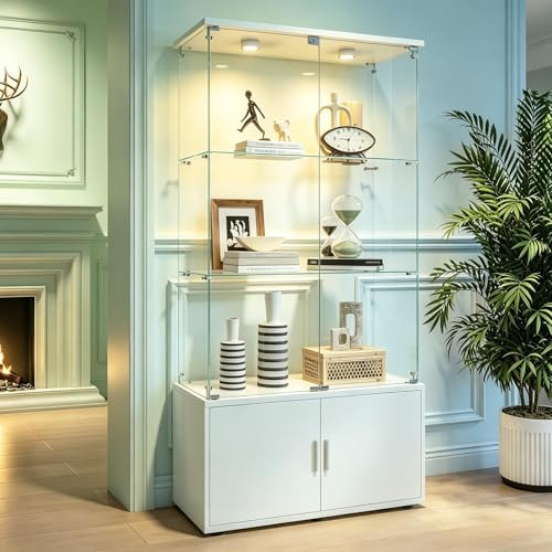 Vetrina in vetro con LED, armadio vetrina per collezione con base armadietto, vetrina da parete per collezione moderna con 3 ripiani e 2 porte, VitRine su piano in vetro (bianco, 78.51x35x164)