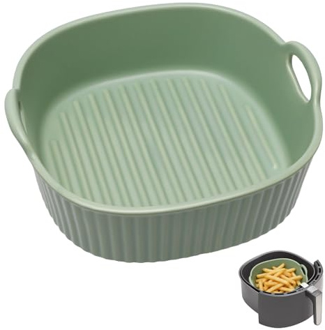 Cazuela de cerámica de 7 pulgadas para freidora de aire caliente, molde para lasaña, molde redondo esmaltado colorido para lasaña, patatas fritas, sopa (verde)