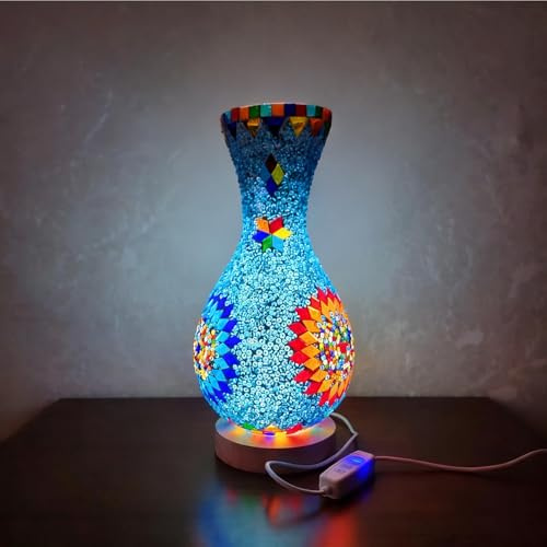 wpdash Turkish Mosaic Table Lamp Moroccan Style Colorful Handmade Glass Vase USB Power Tiffany Mosaic Table Night Light for Bedroom Living Room Decor Colorful（5.11in*11in）