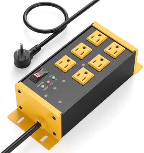 JUNNUJ Heavy Duty Power Strip Surge Protector 4800J, 6 Outlets with EMI/RFI Filtering and Noise Isolated Banks, Wall Mount Metal Multiple Plugs for Industrial Garage Shop, 6FT Extension Cord Flat Plug