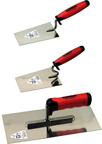 HAROMAC Kellenset Maurer | 3 teilig | Made in Germany | Glättekelle 280x130mm - Maurerkelle S-Hals 160mm - Berner Putzkelle 140 mm | rostfreier Edelstahl | 2 Komponenten Softgriff | Profiqualität