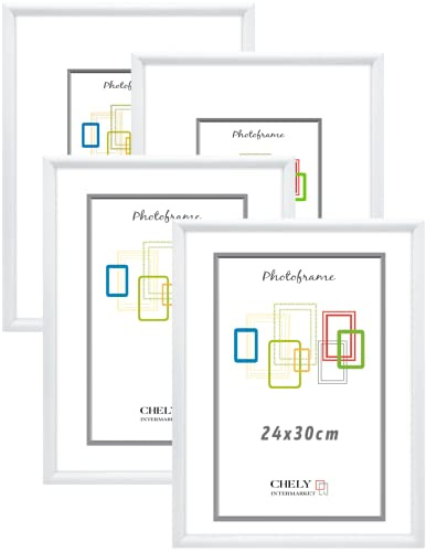 CHELY INTERMARKET MOD316 Marco Fotos PVC Ligero Decorativo Estilo Moderno 24x30cm Ideal Exposición Certificados Menús Carteles Decoración Vertical Horizontal Profesional Color Blanco 4 Unidades
