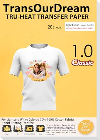 TransOurDream Tru-Transfer Paper Inkjet for Light Fabric 20 Sheets A4 Transparent Iron on Heat Transfer Paper White T Shirt Printing Paper Easy to Use Wash Durable Printable HTV (L-1.0-20)