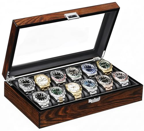 BEWISHOME Watch Case, 12-Slot Watch Box with Large Glass Lid, Wooden Watch Box Organizer for Men, Watch Storage with Removable Watch Pillows, Synthetic Leather Interior, Brown SSH12Y