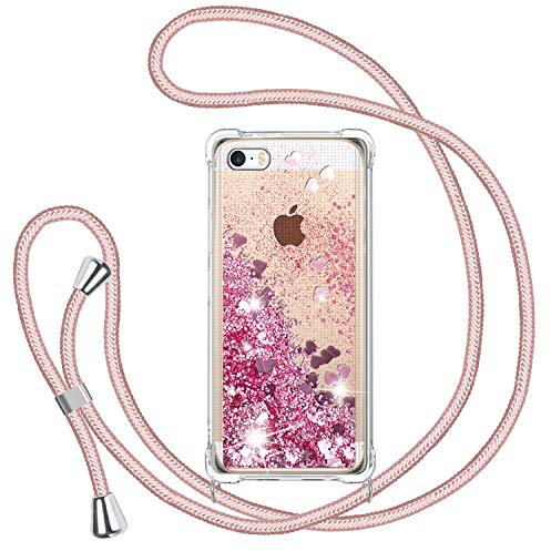 TUUT Handyband für iPhone 5/5S/SE 2016 Hülle mit Band, Glitzer Treibsand Handyhülle mit Kordel zum Umhängen Transparent Stoßfest Schutzhülle mit Kette Schnur, Quicksand Necklace Case in Rosa