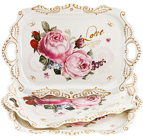 DEAYOU 3-Pack Melamine Serving Tray, 40×28 cm Stackable Food Tray with Handles for Eating, Unbreakable Large Serving Platter with Floral Print for Gift, Party, Decor, Home, Restaurant, Rectangle
