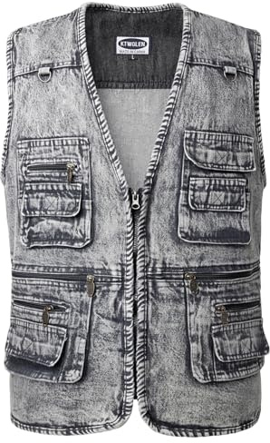 KTWOLEN Gilet di Jeans da Uomo Vintage Giubbino di Jeans Smanicato da Moto Giacca Jeans Senza Maniche Multitasche Denim Gilet da Pesca Lavoro Caccia, Carbone, XL