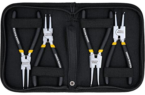 TOUGH MASTER Circlip Pliers 4pcs Set 7 Internal & External Straight Bent Tip Circlip Pliers, 175mm Snap Ring Pliers Set with Durable Springs and Soft TPR Handles Organized in Zip Case