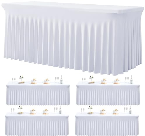 4 Pack White Spandex Tablecloths for 6 Foot Rectangle Tables, Wrinkle Free Stretchy Table Cloths 6ft Fitted Table Cover DeskSkirt for Weddings Birthday Party Banquet Baby Shower