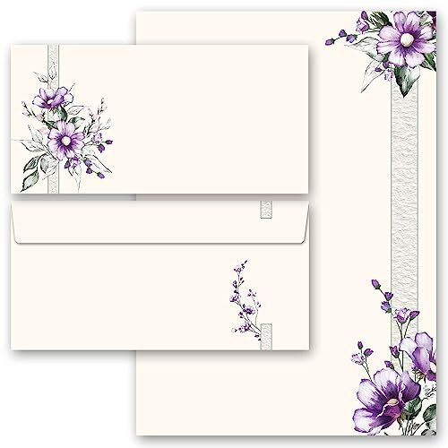 Briefpapier Set, 40 tlg. Blumenmotiv, LILA BLUMEN 20 Blatt Briefpapier + 20 passende Briefumschläge DIN LANG ohne Fenster