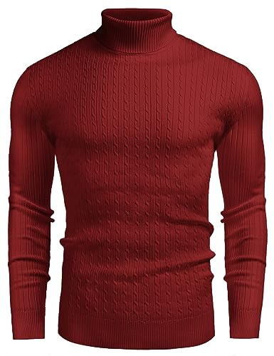 COOFANDY Men's Turtleneck Knitted Sweater Pullover Warm Basic Fine Knit Red S