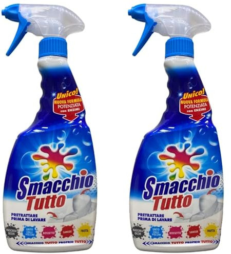 Smacchio Tutto Spray, Efficace su Tutte le Macchie, Indicato per Eliminare dai Tessuti Macchie Difficili,Usare Prima del Lavaggio 500ml (2 Unità) + OMAGGIO Panno in Lattice E 100pz Guanti HDPE Monouso