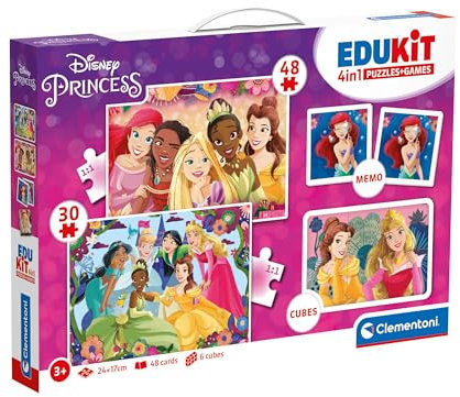 Clementoni Edukit 4 in 1 Disney-Prinzessinnen (Memory, Puzzle 30 und 48 Stücke, 6 Würfel) - pädagogische Spiele für Kinder - Memory und Logik-Spiel 18297
