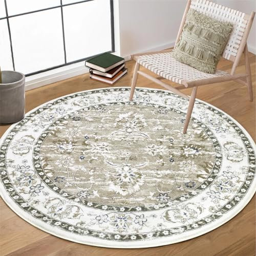 Enyhom Retro Rund Teppich, 120cm Rutschfester Runder Wohnzimmerteppich Hochwertiger Mandala Waschbar Bedruckt Teppiche Extra Weicher Flauschiger Kreis Teppich für Schlafzimmer Esszimmer Studie, Braun