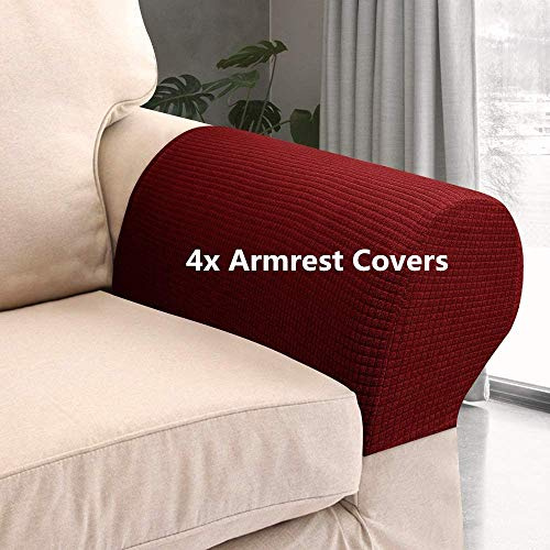 Armrest Chair Covers, Set of 4 Stretch Armchair Covers for Arms，Spandex Polyester Sofa Arm Caps Non Slip Armrest Covers for Chairs Furniture Protector Armchairs Sofa Couches Recliner (Wine Red)