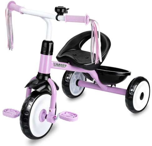 Liberry Toddler Tricycle Age 2 3 4 Years Old, Kids Trike with Bell, Back Basket and Removable Pedal, 3 Wheel Bike Riding Toy Gift for Girls, Purple