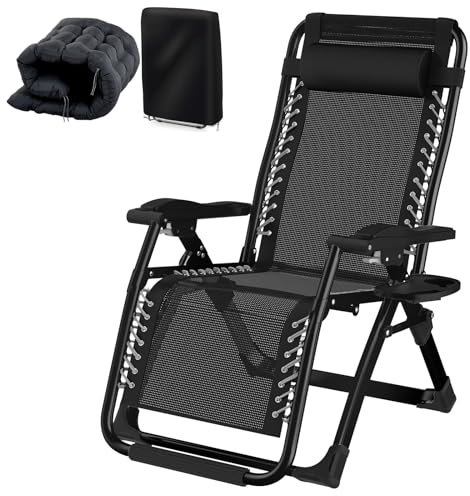 Fiutazge Sonnenliege Klappbar Mit Verstellbare Rückenlehne,Relaxliege mit Kissen,Kopfteil,GeträNkehalter und Liegestuhl Klappbar Abdeckung,Gartenliege für Patio,Balkon,Strand,Camping-Schwarz