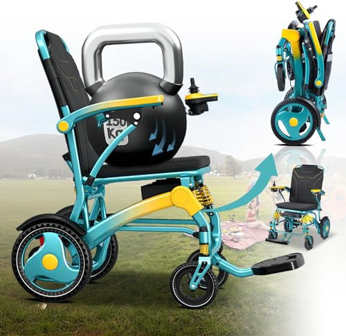 Bueuwe 60km Fahrstrecke Elektrorollstuhl, Rollstuhl Elektrisch Faltbar, Sitz 42 cm Elektrischer Rollstuhl für Erwachsene, All-Terrain-Rollstühle, zwei 180-W-Motoren, Aluminium, Nettogewicht 16,8KG,30a