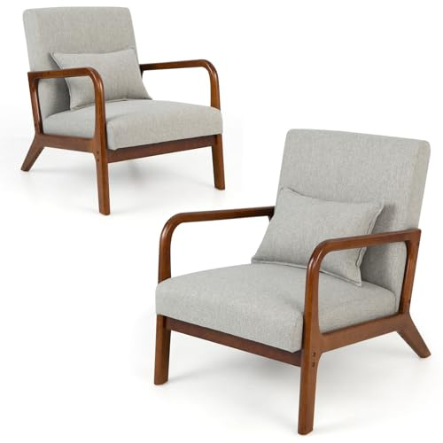 HOMASIS Poltrona Relax in Legno con Cuscino e Schienale, Sedia Camera da Letto con Braccioli, Sedia da Lettura Imbottita con Portata di 150 kg, per Salotto, Ufficio, 79x65x77cm (Grigio)