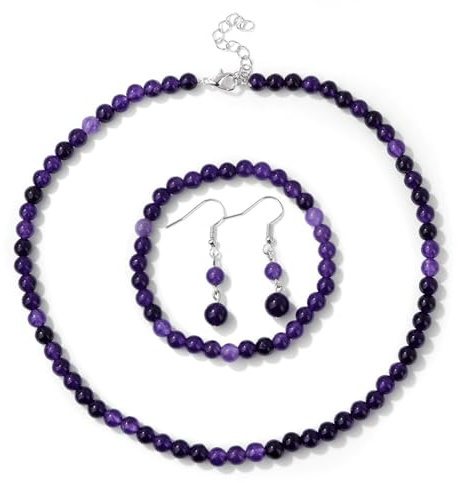 XSDSLS Ensemble Parure Pierre Naturelle de Bijoux pour Femme Bracelet en Pierres Naturelles élastique Collier à Pierre Naturelles Réglable Boucles d'oreilles Naturelle Cristal Cadeau (Améthyste)
