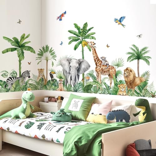 decalmile Stickers Muraux Enfant XXL Animaux de la Jungle Arbre Autocollant Mural Safari Girafe Éléphant Léopard Feuilles Tropicales Décoration Murale Bébé Pépinière Chambre Enfants