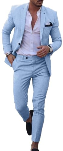 Conjunto de traje de lino para hombre, esmoquin casual, 2 piezas, blazer de ajuste regular, chaqueta y pantalones sólidos con un botón, para graduación, boda, fiesta, azul celeste, 48