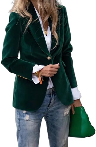 ORANDESIGNE Blazer en Velours pour Femme à Manches Longues OL Bureau Affaires Jackets Élégant Blouson Revers avec Bouton Vintage Manteau A Vert M