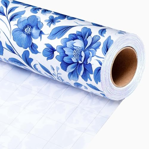 Wikadlik Blue Flower Wrapping Paper Roll, 43cm x 10m Elegant Floral Gift Wrap for Wedding, Valentines Day, Bridal, Mothers Day, DIY Bouquet
