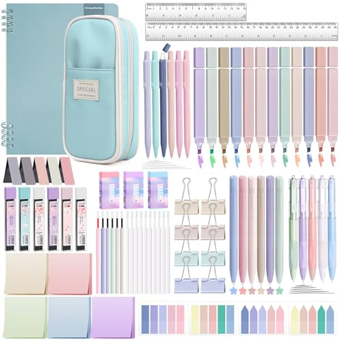 YIBONIKA 80 PCS Aesthetic Stationery Supplies with Blue Pencil Case & Notebook, 12 Pastel Highlighters, 6 Colour Pens, 5 Black Pens, 6 Mechanical Pencils, Stationery Set for School Office