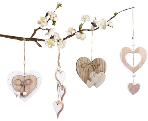 LERANXIN 4 Pezzi Decorazioni da Appendere, Legno Pendenti Cuori Legno, Ciondoli Cuori Decorazione per Finestre, Decorazioni Cuore con Corda di Canapa, per Decorare Finestre, Balconi e Porte