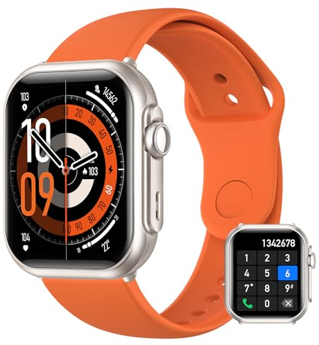 BANLVS Smartwatch Herren Damen mit 1000mAh Akku, 1,85’’ AMOLED Fitnessuhr Herren mit Telefonfunktion/5ATM Wasserdicht/120+ Sportmodi/Herzfrequenz/SpO2/Blutdruck, Smartwatch für Android iOS, Orange