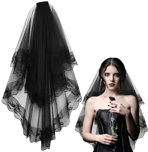 Voile Mariée Halloween, Voiles de Mariée, Voile en Dentelle Noire en Tulle Double Couches, Accessoires de Mariage pour Halloween, Carnaval, Cosplay