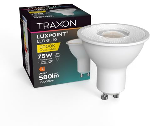 TRAXON LUXPOINT® Bombilla LED GU10, 7W equivalente a 75W incandescente, Luz fria 6500K 600Lúmenes Ángulo de Haz 60° Bajo Consumo, No Regulable (Pack 10 und, 7W 6500K 60°)