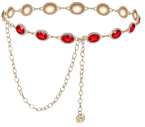 Aysatogc Red Chain Belt, Western Concho Chain Belt for Women Adjustable Vintage Waist Link Belts Cowgirl Turquoise Boho Diamond Gems Glass Diamond Chains Belts for Dresses Jeans