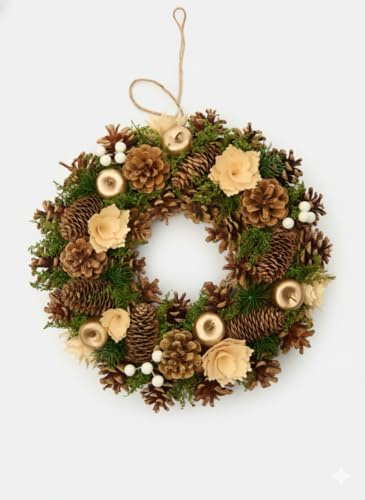 Ghirlanda Decorativa Natalizia 35 cm – in Pigne, Fiori Artificiali e Dettagli Dorati – Coroncina da Porta, Parete o Tavolo – Decorazione Elegante per Natale e Inverno